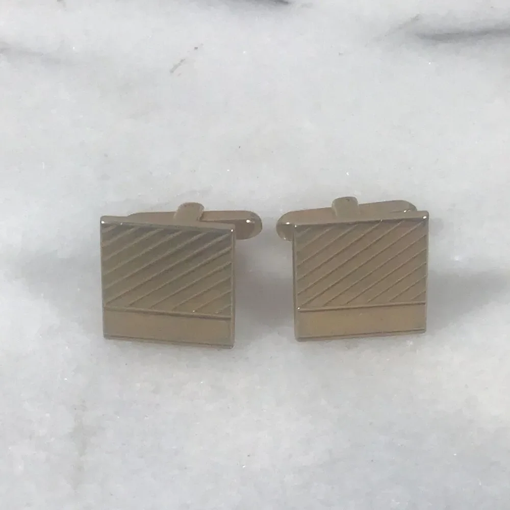 Vintage Gold Tone Square Diagonal Ribbed Cufflinks Retro Mid-Century Modern MCM